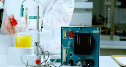 Scientist Conducting Experiment with Mathematical Equations Overlay