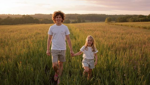 Teen brother and little sister walking hand in hand through sunlit golden meadow at sunset