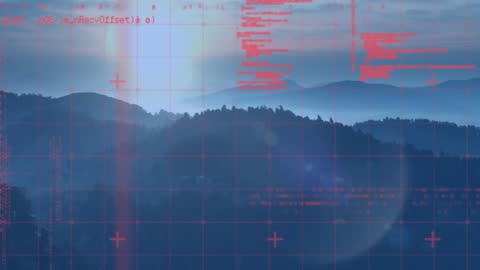 Data Visualization Overlays on Scenic Sunset Mountain Landscape