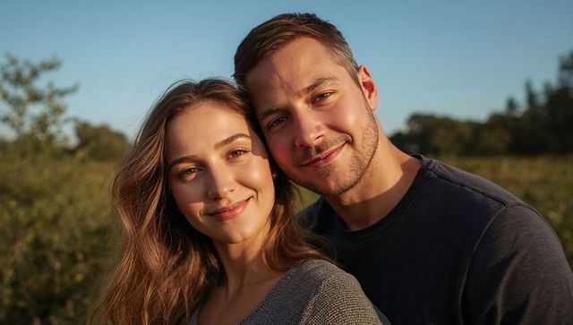Smiling couple embracing in sunlit meadow during golden hour romantic outdoor portrait