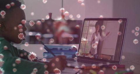 Young student learning online with virus overlay