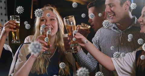 Friends Toasting in Bar with Digital Virus Illustrations