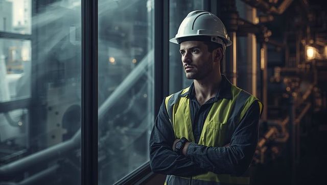Engineer Gazing Through Glass at Industrial Plant Wearing Hardhat and High-Visibility Vest