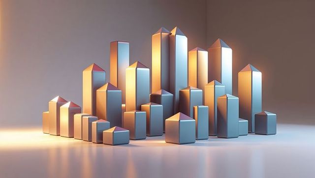 Futuristic metallic prisms on glossy floor reflecting colorful lights