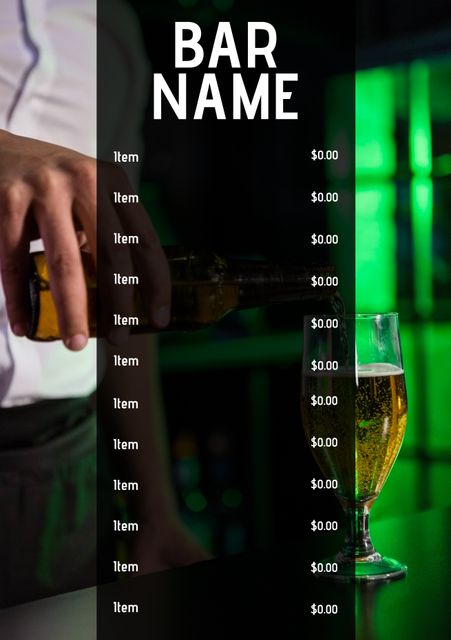 Customizable menu showcasing a bartender pouring a drink at a nightlife venue. Excellent for bars, nightclubs, and party promotions. Perfect for advertising drink specials, nightlife events, and bar menus.