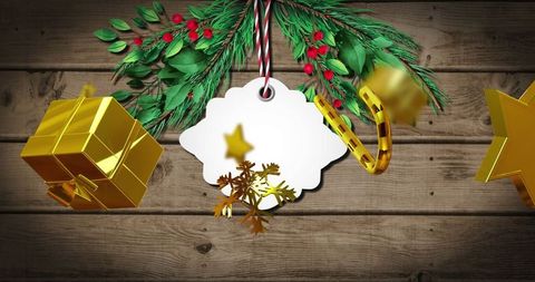 Rustic Holiday Decor with Pine Branch and Gold Ornaments