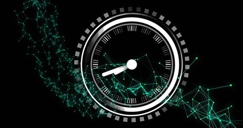 Futuristic neon gauge rotating over digital mesh network for speed performance monitoring