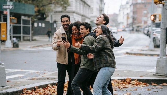 Diverse friends laughing and taking selfie at city street corner in autumn coats and scarves