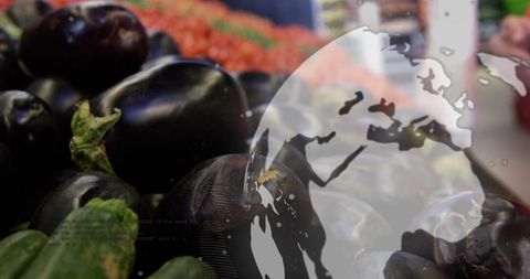 Glossy eggplants on market stall with world map overlay for global food trade