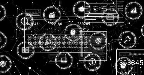 Abstract network dashboard displaying keyboard grid, data analytics, cybersecurity icons