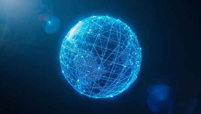 Digital wireframe globe portrays global connectivity network
