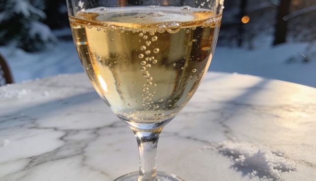 Sparkling champagne glass on snowy marble table with rising bubbles and sunlight glints