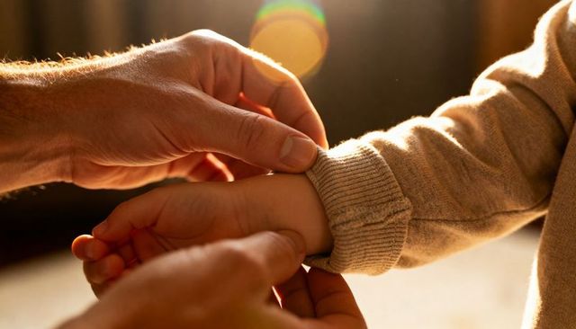 Caregiver adjusting childs sweater cuff in warm sunlight showing knit texture and golden lens flare