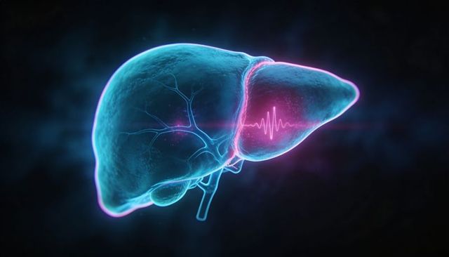Neon translucent liver 3d with vascular network and ecg overlay for medical concept visualization