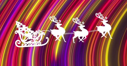 Ornate white sleigh and reindeer silhouettes gliding over neon abstract motion background
