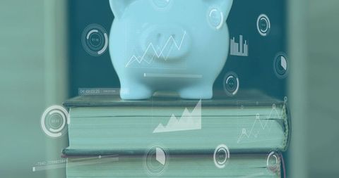 White piggy bank balancing on stack of books displaying financial data overlays and graphs