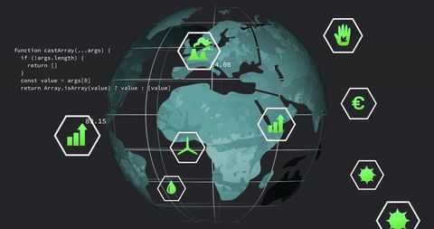 3D Globe with Data Icons and JavaScript on Dark Background