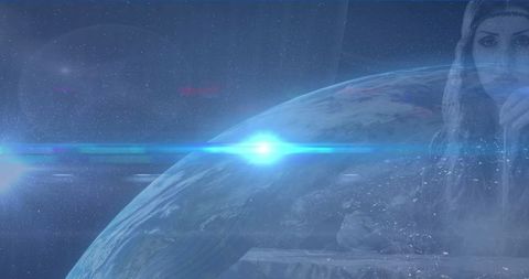 Woman in Space Contemplating Earth Curvature with Lens Flare
