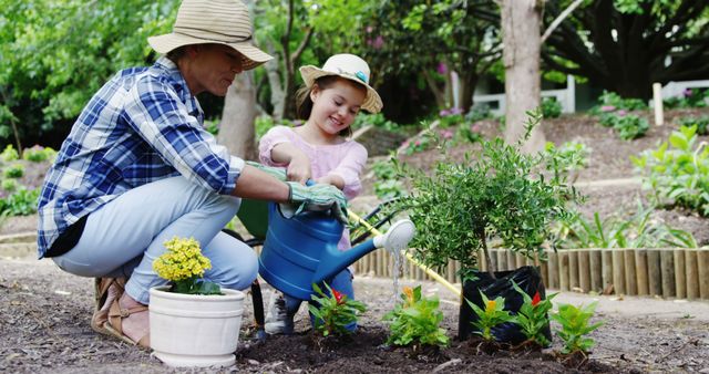 Perfect for illustrating family activities, bonding moments, and gardening education. Great for use in articles, blog posts, and advertisements focused on outdoor activities, parenting, and horticulture.