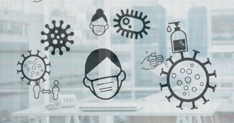 Covid-19 Virus Icons Overlaying Urban Cityscape