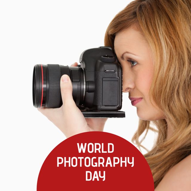 Happy Caucasian Woman Celebrating World Photography Day with Camera - Download Free Stock Templates Pikwizard.com