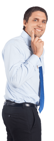 Confident businessman touching chin standing transparent