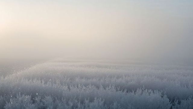 Glittering hoarfrost meadow at dawn with mist and ice crystals, pastel winter landscape