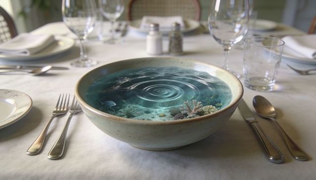 Holding miniature ocean reef in ceramic bowl on elegant dining table with silverware