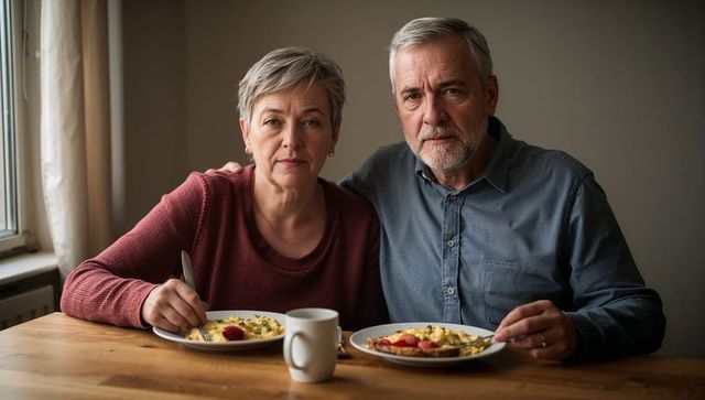 Senior couple sharing breakfast at home looking toward camera morning light quiet togetherness