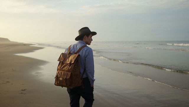 Solitary traveler walking along misty beach with leather backpack and wide-brim hat toward ocean hor