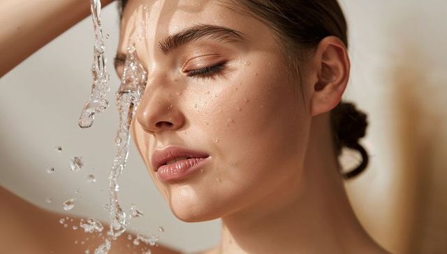 Young woman washing face with flowing water droplets close-up skincare portrait
