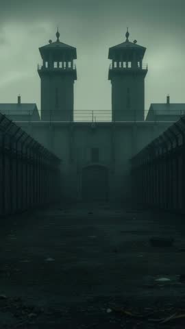 Fog-enshrouded Twin Watchtowers Guarding Gate in Vertical Prison Yard | Cinematic Mobile Video