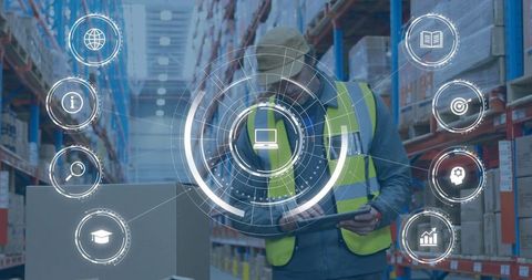 Warehouse Worker Using Tablet Tracking Inventory with Augmented HUD for Logistics