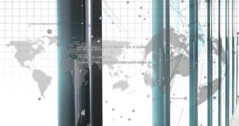 Futuristic glass facade reflecting teal mullions with dotted world map overlay for tech