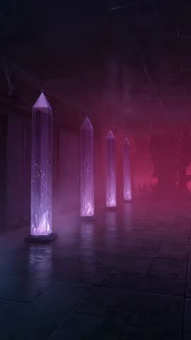 Vertical Video: Glowing Hexagonal Crystal Pillars Shifting Purple Blue Red in Mystic Stone Corridor