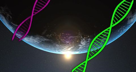 Genetic double helix strands floating above earth at sunrise representing global biotech
