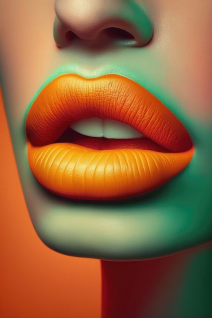 Vibrant orange lips and flawless skin showcasing bold makeup. Useful for beauty blogs, fashion magazines, cosmetic advertising, and makeup tutorials. Illustrates artistic and modern makeup trends.