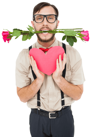 Transparent Man Holding Red Heart and Roses