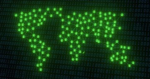 Neon network tracing world map in binary code for global data visualization