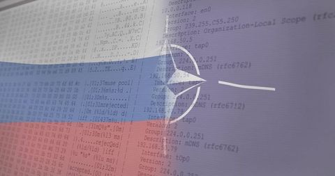 Muted russian tricolor blending with compass emblem and cyber code hex dump