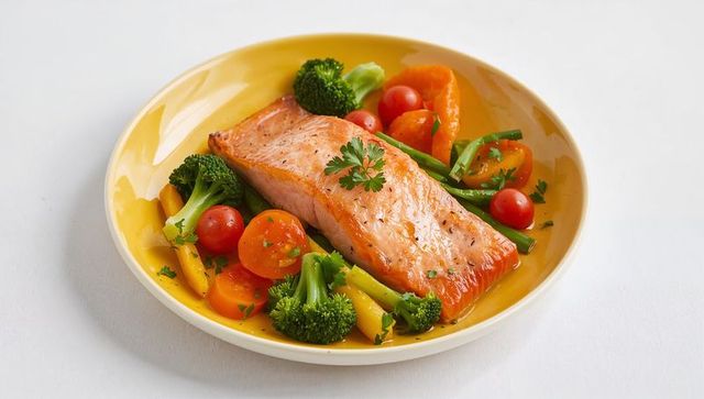Seared salmon fillet with colorful vegetables in yellow bowl for healthy gourmet dinner