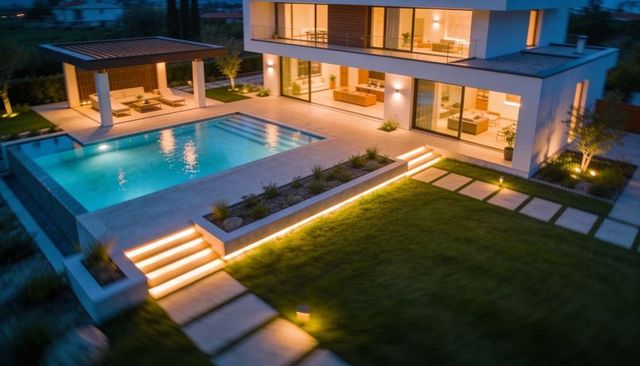 Modern luxury two-story residence illuminating backyard pool and pergola lounge at dusk