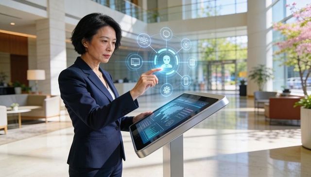 Asian Executive Interacting with Touchscreen Kiosk and Holographic Data Visuals in Lobby