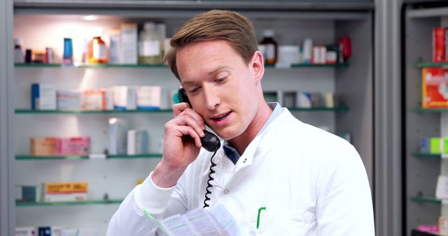 A Caucasian male pharmacist is engaged in a phone conversation while consulting a document, with copy space. His focused expression and the pharmacy setting suggest he is addressing a patient's inquiry or discussing a prescription.