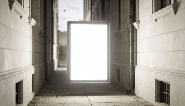 Glowing Vertical Lightbox Floating in Narrow Stone Alleyway Urban Advertising Mockup