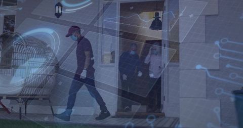 Delivery worker walking across porch wearing mask and gloves with colleagues inside and tech overlay