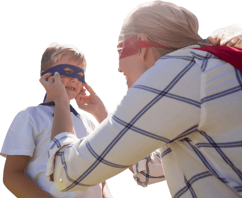 Mother and Son Playing Superheroes in Transparent Costumes