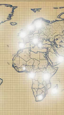 Vertical Tech Map Showing Blue Africa-Europe Grid Outline with Pulsing Network Markers