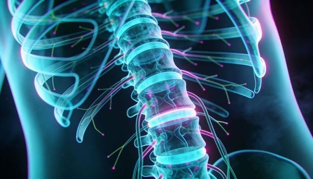 Illuminating thoracic spine 3d anatomy visual showing glowing discs and neural filaments