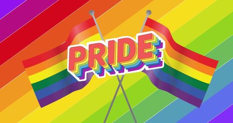 Vibrant pride celebration with two rainbow flags and bold text